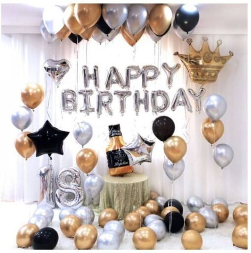 (Pack of 43) "Happy Birthday" Letter Foil Balloon Set, 13 Letters (Silver) + HD Metallic 10 Inch Gold, Silver & Black Balloons 30 Pcs Balloons  for Birthday Decoration