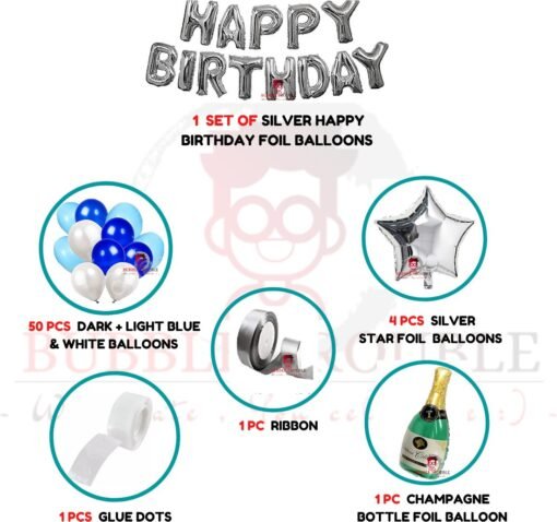Premium Birthday Decoration Kit Combo (Pack of 58 ) for Home Balloon with 1 Pc Happy Birthday Letters (Silver), 50 Pcs HD Metallic 10 Inch Dark & Light Blue & White Balloons, 1Pc Champagne Bottle, 1Pc Ribbon, 1Pc Glue dot, 4Pcs Silver Star Foil Balloon Bouquet - Image 2