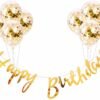 Happy Birthday Banner With Golden Confetti Balloons For Decoration - 9 Items Combo Set for Girls Boys Husband Wife Birthday Decorations Items / Golden balloons for birthday Theme parties
