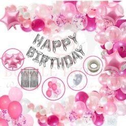 Foil Pink Girls Boys Happy Birthday Balloon Foil Decoration Kit Combo (Pack of 110), Happy Birthday 13 Letters (Silver) + HD Metallic 10 Inch Rose Light Pink, Dark Pink & White 90 Pcs Balloons with 2 Pcs Curtains (Silver) for Girl Boys Kids Baby First Birthday Decoration, Decoration for 1st Birthday ( Pink Theme, Pack of 110 )