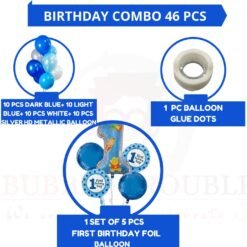 Solid First Birthday Decoration items for boys 1 Number Balloon set (Pack of 1) ,Glue Dot, 40 Pcs HD Metallic Latex Balloons Girls Kids Men Women Baby First Birthday 1st Anniversary ( Blue Silver White Theme ,Pack of 46)