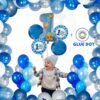 Girls Boys Happy Birthday Balloons Decoration Kit Combo 1 Number 5 Pcs Set (Pack of 1) ,Glue Dot, 40 Pcs HD Metallic Latex Balloons for Decoration for Birthday, Home Party, Surprise Gift, Love , Baby Kids First 1st Birthday ( Blue Silver White Theme ,Pack
