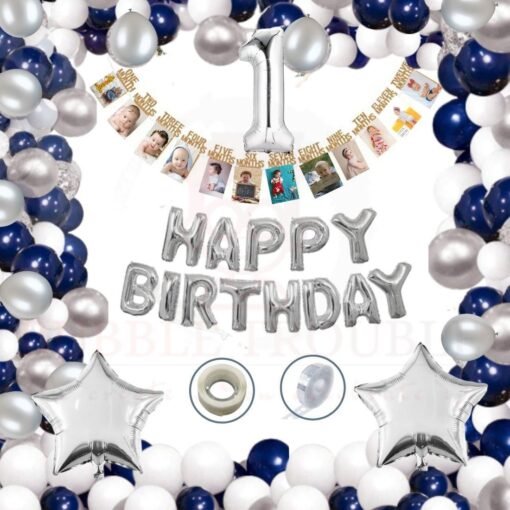 Girls Boys Happy Birthday Balloons Decoration Kit Combo ,13 letter banner ,Twelve Months Banner, 1 Number Foil, Silver Star Foil ,60 Pcs Metallic Balloons for Girl Boys Kids Baby First Birthday Decoration, Decoration for 1st Birthday ( Dark Blue Silver White Theme ,Pack of 67)