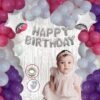 Girls Boys Happy Birthday Balloons Decoration Kit Combo ,Silver Happy Birthday foil, Fringe Curtain, Star Foil, Arch , Glue Dot, 60 Pcs Metallic Balloons for Girl Boys Kids Baby First Birthday Decoration, Decoration for  Birthday ( Pink Purple White Theme ,Pack of 82)