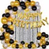 "Happy Birthday" Letter Foil Balloon Set, 13 Letters (Gold) + HD Metallic Gold, Silver & Black Balloons 36 Pcs + 2 Pcs Silver Fringe Curtains Combo for Ultimate Birthday Bash Party Decoration with Balloon Bouquet