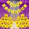 Printed mix Emoji Latex smiley balloons with Fringe Foil Curtains Led Light banner For Decoration kit Combo Smile, Sad, angry, Kiss , naughty, Funky Kids Baby Birthday First 1st 2 4 8 5 8 new Born , baby Shower , Son, Daughter ( Yellow,Pack of 54 )
