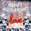 Solid Happy Anniversary Balloon Decoration set Combo 18 Letters Foil, Love Foil, fairy light, Star & 30 pcs HD metallic latex Black Blue Silver Balloons girls boys husband wife 1st 10th 25th 50th 2nd, Blue Theme ( Pack of 36 )