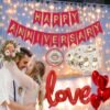 Solid Happy anniversary combo items, 16 Letters Anniversary Banner, Love Foil, Fairy Light, Heart Foil, glue dot, 5 pcs confetti balloons for girls boys husband wife baby kids 1st 2nd 5th 25th 50th dark pink gold Theme ( pack of 13 )