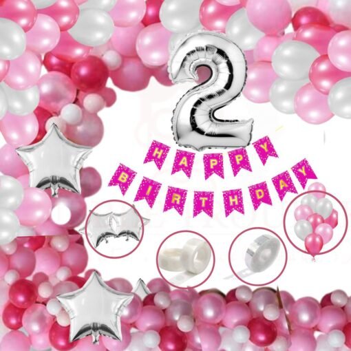 Solid Happy Birthday Balloons Decoration Kit Combo 13 Letters Banner (Pink), Star, 2 Number Foil Silver + HD Metallic 10 Inch Dark Pink, Light Pink & White Balloons Balloons 75 Pcs Metalic Balloons Girls Boys Second Kids Baby 2nd (Pink White Theme, Pack of 81)