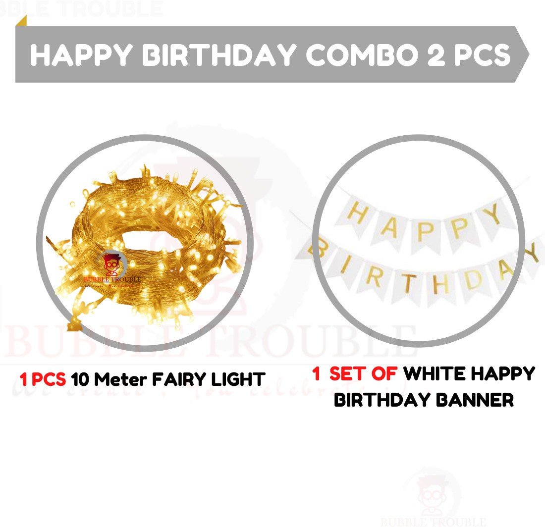White Happy Birthday Banner With Fairy Light Combo (Set of 2) For Birthday Decoration for Boys, Girls, Boyfriend, Girlfriend, Husband,Kids Bday Celebrations,Bunting Tags,Flag Decorative Items Banner - Image 2