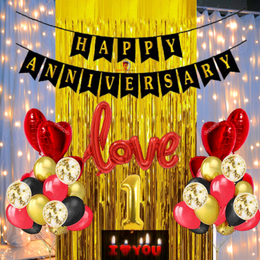 This Package Includes 1 Pack of Happy Anniversary Banner (Black) +1 Pc Love Foil (Red) + 1 Pc Fairy Light + 4 Pcs Heart foil balloons (Red ) + Glue Dot + 1 Pc 1 number Gold Foil + 1 Pc Red I love You Candle + 1 Pc Gold Fringe Curtain + 15 Pcs red Metallic balloons + 15 Pcs Gold metallic Balloons + 6 Pcs Gold Chrome balloons + 6 Pcs Gold Confetti balloons