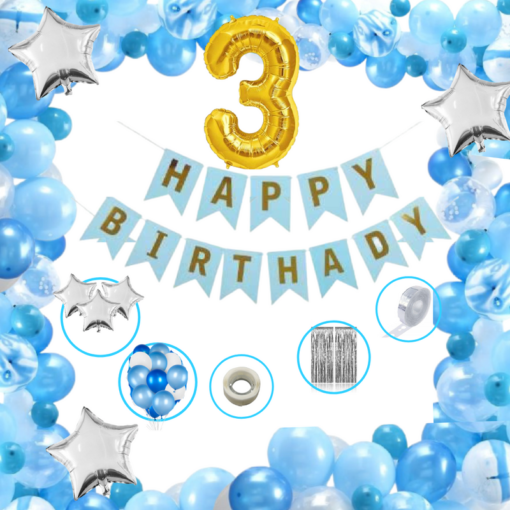 Boys Happy Birthday Balloon Banner Decoration Kit Combo (Pack of 62), 13 Letters (BLUE) + 3 No Gold Foil + Dark BLUE, Light BLUE & White Balloons for Boys Kids Baby First Birthday Decoration Baby Shower, 1st Birthday, BLUE Balloon  (Pack of 62)