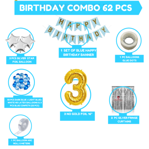 Boys Happy Birthday Balloon Banner Decoration Kit Combo (Pack of 62), 13 Letters (BLUE) + 3 No Gold Foil + Dark BLUE, Light BLUE & White Balloons for Boys Kids Baby First Birthday Decoration Baby Shower, 1st Birthday, BLUE Balloon  (Pack of 62) - Image 2