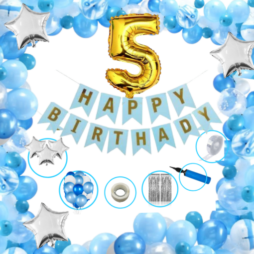 Boys Happy Birthday Balloon Banner Decoration Kit Combo (Pack of 63), 13 Letters (BLUE) + 5 No Gold Foil + Dark BLUE, Light BLUE & White Balloons for Boys Kids Baby First Birthday Decoration Baby Shower, 1st Birthday, BLUE Balloon  (Pack of 63)