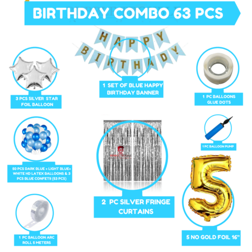 Boys Happy Birthday Balloon Banner Decoration Kit Combo (Pack of 63), 13 Letters (BLUE) + 5 No Gold Foil + Dark BLUE, Light BLUE & White Balloons for Boys Kids Baby First Birthday Decoration Baby Shower, 1st Birthday, BLUE Balloon  (Pack of 63) - Image 2