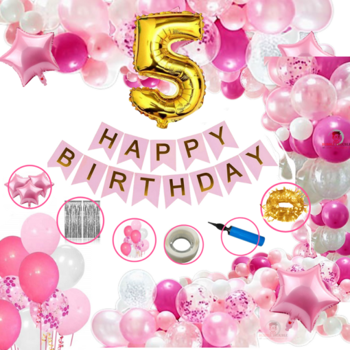 Girls Happy Birthday Balloon Banner Decoration Kit Combo (Pack of 63), 13 Letters (Pink) + 5 No Gold foil for Girl Kids Baby First Birthday Decoration for Baby Shower, 3rd Birthday, Pink Balloon  (Pack of 63)