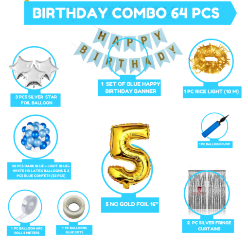 Boys Happy Birthday Balloon Banner Decoration Kit Combo (Pack of 64) 13 Letters (BLUE) + + 5 No Gold Foil + Dark BLUE, Light BLUE & White Balloons for Boys Kids Baby First Birthday Decoration Baby Shower, 1st Birthday, BLUE Balloon  (Pack of 64) - Image 2