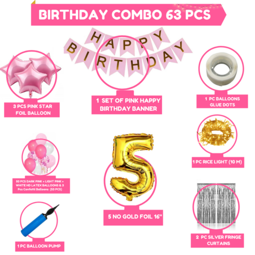 Girls Happy Birthday Balloon Banner Decoration Kit Combo (Pack of 63), 13 Letters (Pink) + 5 No Gold foil for Girl Kids Baby First Birthday Decoration for Baby Shower, 3rd Birthday, Pink Balloon  (Pack of 63) - Image 2