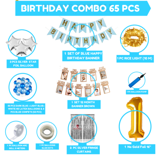 Boys Happy Birthday Balloon Banner Decoration Kit Combo (Pack of 65) 13 Letters (BLUE) + + 12 Month Banner + 1 No Gold Foil + Dark BLUE, Light BLUE & White Balloons for Boys Kids Baby First Birthday Decoration Baby Shower, 1st Birthday, BLUE Balloon  (Pack of 65) - Image 2