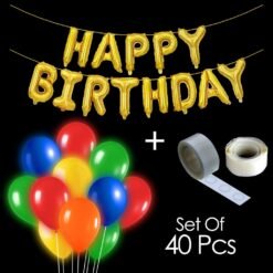 Happy Birthday LED Balloons (25 pcs) + Golden Foil Balloons (13 pcs) + Glue Dots (2 Pc) - Multi  - Pack of 40