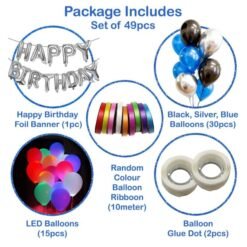 49Pcs Happy Birthday Combo with Banner and Black-White-Golden Balloons with Multicolour Party LED Balloons -Pack of 49