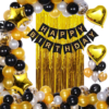 Happy Birthday Decoration Kit Pack of 61 Combo with 1 Pcs Gold Fringe Foil Curtains, 1 Pc Black Banner, 1 Pc Arch,  4 Gold confetti Balloons for Kids Birthday Decoration Items