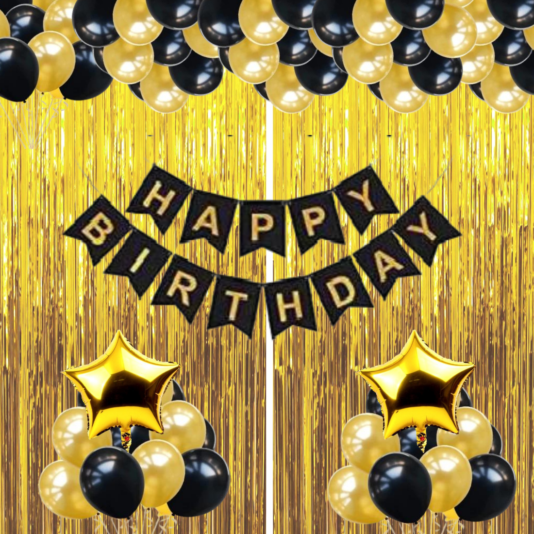 Happy Birthday Decoration Kit Pack of 35 Combo with 1 Pcs Gold Fringe Foil Curtains, 1 Pc Black Banner, 15 pcs gold Balloons for Kids Birthday Decoration Items