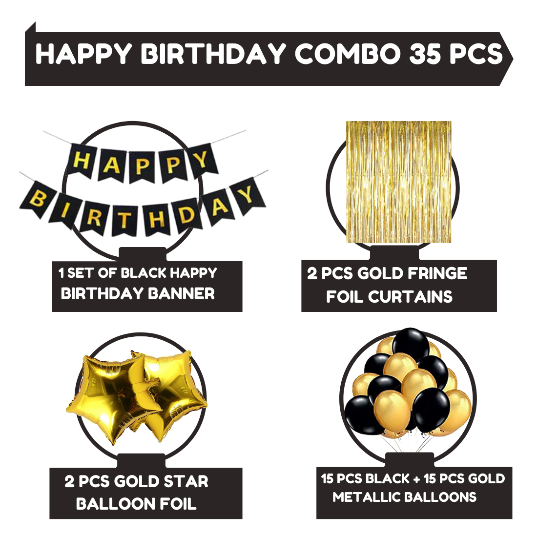 Happy Birthday Decoration Kit Pack of 35 Combo with 1 Pcs Gold Fringe Foil Curtains, 1 Pc Black Banner, 15 pcs gold Balloons for Kids Birthday Decoration Items - Image 2