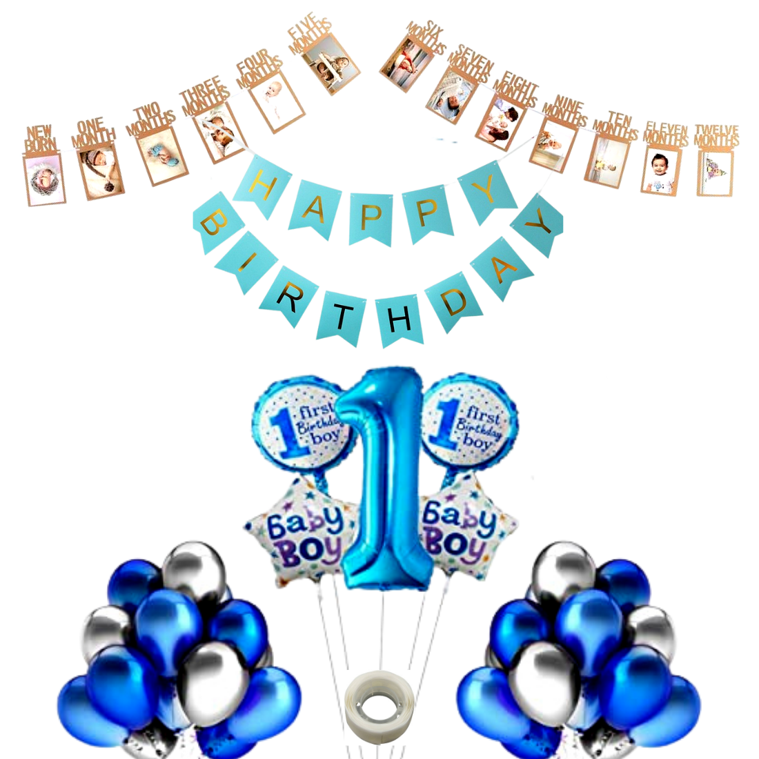 Happy Birthday Decoration Kit Pack of 46 Combo with 1 Pc Blue Birthday Banner, 1 Pc Glue Dot , 40 pc Blue Silver balloons for Kids Birthday Decoration Items