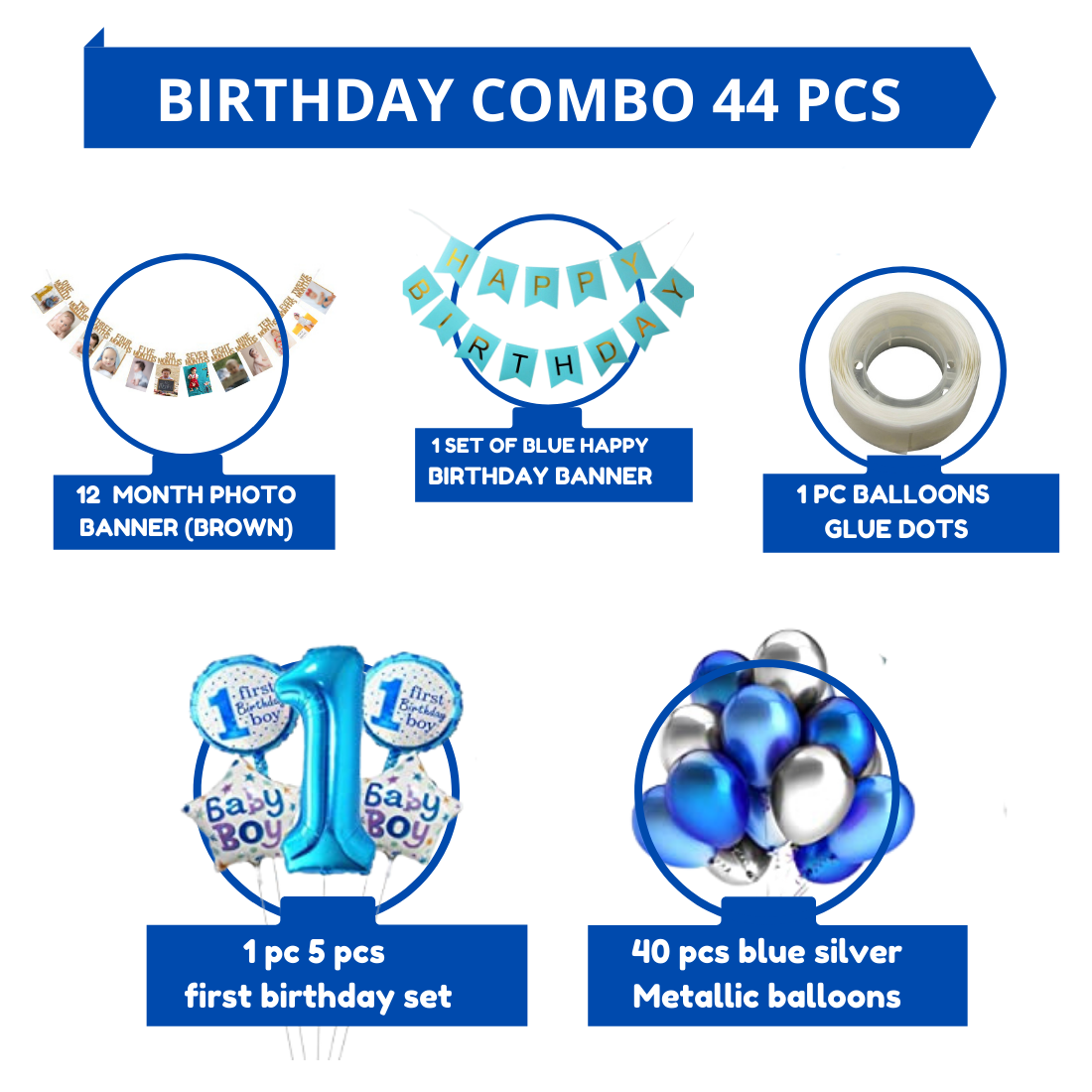 Happy Birthday Decoration Kit Pack of 46 Combo with 1 Pc Blue Birthday Banner, 1 Pc Glue Dot , 40 pc Blue Silver balloons for Kids Birthday Decoration Items - Image 2