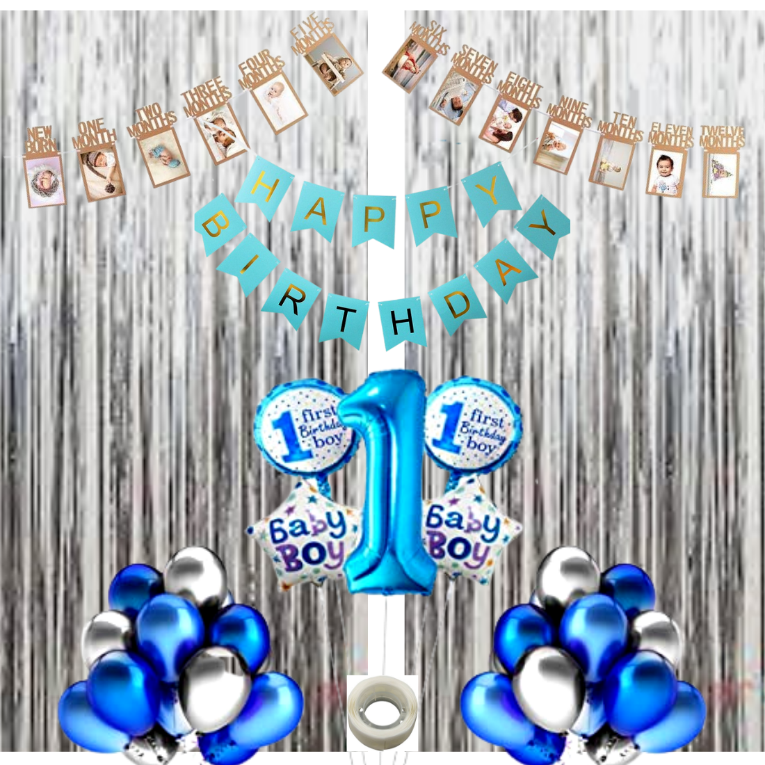 Happy Birthday Decoration Kit Pack of 46 Combo with 1 Pc Blue Birthday Banner, 1 Pc Glue Dot , 40 pc Blue Silver balloons for Kids Birthday Decoration Items