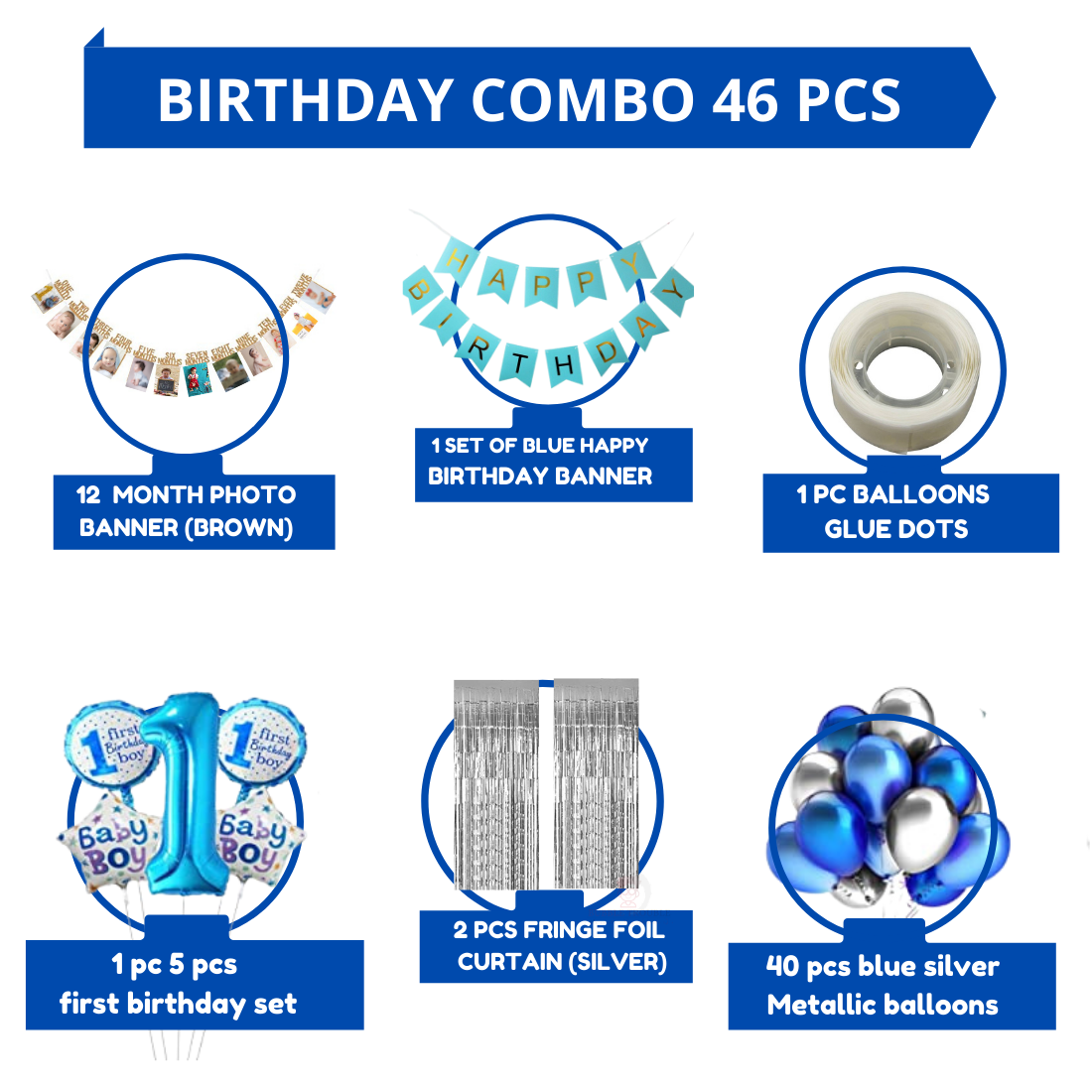 Happy Birthday Decoration Kit Pack of 46 Combo with 1 Pc Blue Birthday Banner, 1 Pc Glue Dot , 40 pc Blue Silver balloons for Kids Birthday Decoration Items - Image 2