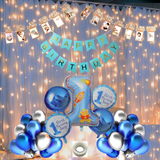 Happy Birthday Decoration Kit Pack of 45 Combo with 1 Pc Blue Birthday Banner, 1 Pc Glue Dot , 40 pc Blue Silver balloons for Kids Birthday Decoration Items