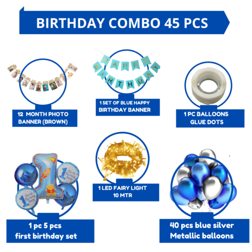 Happy Birthday Decoration Kit Pack of 45 Combo with 1 Pc Blue Birthday Banner, 1 Pc Glue Dot , 40 pc Blue Silver balloons for Kids Birthday Decoration Items - Image 2