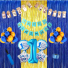 Happy Birthday Decoration Kit Pack of 48 Combo with 1 Blue banner,  1 Pc Brown 12 Month Banner , 2 Pcs Blue Fringe Foil Curtains for Kids Birthday Decoration Items