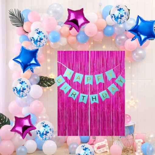 Happy Birthday Decoration Kit Pack of 74 Combo with 1 Pc Blue Birthday Banner, 2 pcs Pink Fringe Foil Curtains,  2 Pcs Pink Star Foil, 2 Pcs Blue Star for Kids Birthday Decoration Items