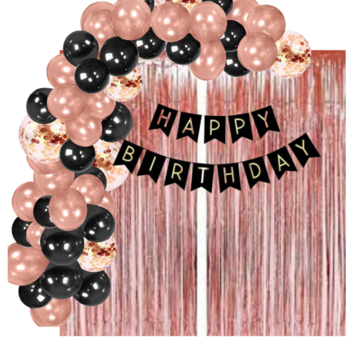 Happy Birthday Decoration Kit Pack of 58 Combo with 2 Pcs Rose Gold Fringe Foil Curtains, 1 Pc Black Birthday Banner, 35 Pcs Rose Gold Balloons for Kids Birthday Decoration Items