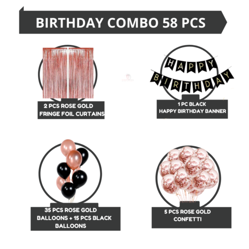 Happy Birthday Decoration Kit Pack of 58 Combo with 2 Pcs Rose Gold Fringe Foil Curtains, 1 Pc Black Birthday Banner, 35 Pcs Rose Gold Balloons for Kids Birthday Decoration Items - Image 2