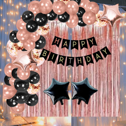 Happy Birthday Decoration Kit Pack of 63 Combo with 2 Pcs Rose Gold Fringe Foil Curtains, 1 Pc Black Birthday Banner, 35 Pcs Rose Gold Balloons for Kids Birthday Decoration Items