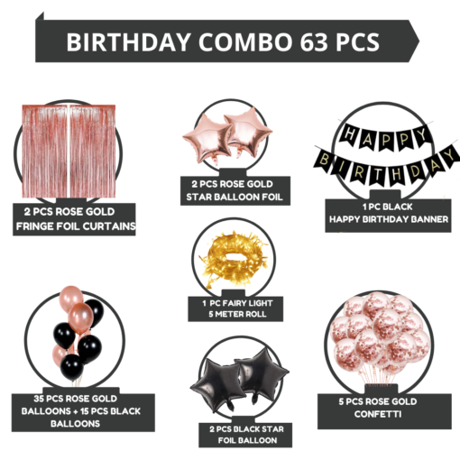 Happy Birthday Decoration Kit Pack of 63 Combo with 2 Pcs Rose Gold Fringe Foil Curtains, 1 Pc Black Birthday Banner, 35 Pcs Rose Gold Balloons for Kids Birthday Decoration Items - Image 2