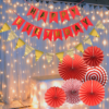 Happy Birthday Decoration Kit Pack of 4 Combo with 1 Blue Banner, 1 Pc Gold Pennant,  1 Pc LED Light, Paper Fan Set of 6 Pcs (Red) for Kids & Adults Birthday Decoration Items