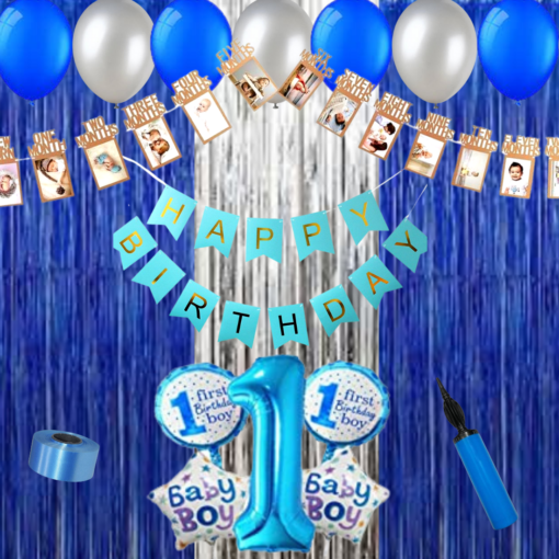 Happy Birthday Decoration Kit Pack of 48 Combo with 1 Blue Birthday Banner, 1 Pc 5 pcs First Birthday Set, 40 Pcs Blue Silver Balloons, 1 Pc Ribbon for Kids Birthday Decoration Items