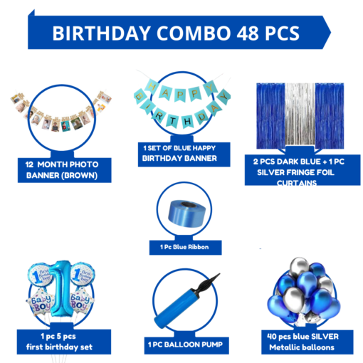 Happy Birthday Decoration Kit Pack of 48 Combo with 1 Blue Birthday Banner, 1 Pc 5 pcs First Birthday Set, 40 Pcs Blue Silver Balloons, 1 Pc Ribbon for Kids Birthday Decoration Items - Image 2