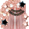 Happy Birthday Decoration Kit Pack of 61 Combo with 2 Pcs Rose Gold Fringe Foil Curtains, 1 Pc Black Birthday Banner,  45 Pcs Rose Gold Balloon for Kids Birthday Decoration Items