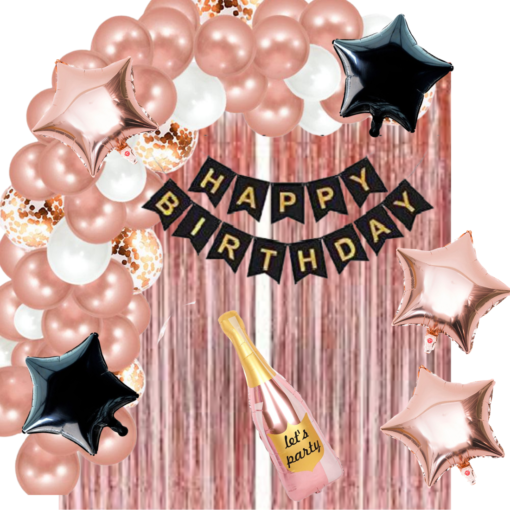 Happy Birthday Decoration Kit Pack of 62 Combo with 2 Pcs Rose Gold Fringe Foil Curtains, 1 Pc Black Birthday Banner,  45 Pcs Rose Gold Balloon for Kids Birthday Decoration Items
