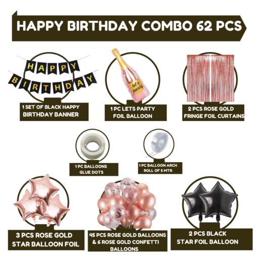 Happy Birthday Decoration Kit Pack of 62 Combo with 2 Pcs Rose Gold Fringe Foil Curtains, 1 Pc Black Birthday Banner,  45 Pcs Rose Gold Balloon for Kids Birthday Decoration Items - Image 2