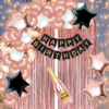 Happy Birthday Decoration Kit Pack of 63 Combo with 2 Pcs Rose Gold Fringe Foil Curtains, 1 Pc Black Birthday Banner,  45 Pcs Rose Gold Balloon for Kids Birthday Decoration Items