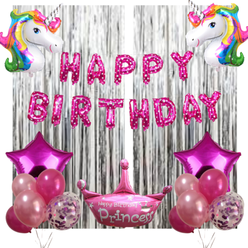 Happy Birthday Decoration Kit Pack of 52 Combo with 1 Pc Pink Happy Birthday Foil, 1 LED Light, 40 Pcs Dark Pink, Light Pink, Silver, White Balloons for Kids Birthday Decoration Item