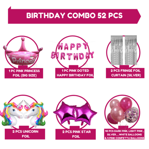 Happy Birthday Decoration Kit Pack of 52 Combo with 1 Pc Pink Happy Birthday Foil, 1 LED Light, 40 Pcs Dark Pink, Light Pink, Silver, White Balloons for Kids Birthday Decoration Item - Image 2
