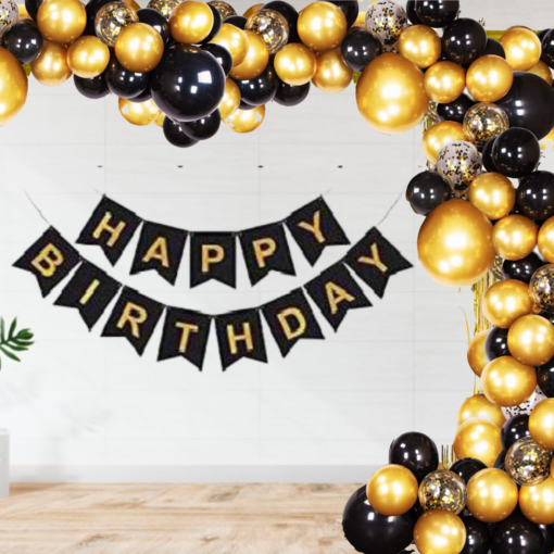Happy Birthday Decoration Kit Pack of 46 Combo with 1 Pc Black Banner,  1 Pc arch, 20 Pcs Black & 20 Pcs Gold Balloons, 4 Pcs Gold Confetti Balloons for Kids Birthday Decoration Items